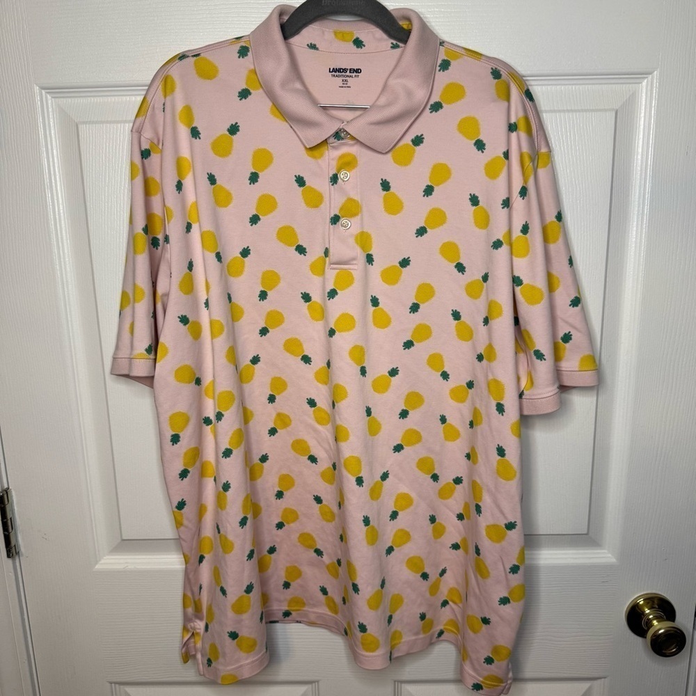 Lands End Mens Pink Traditional Fit Polo Shirt with Pineapple Print Size XXL GUC